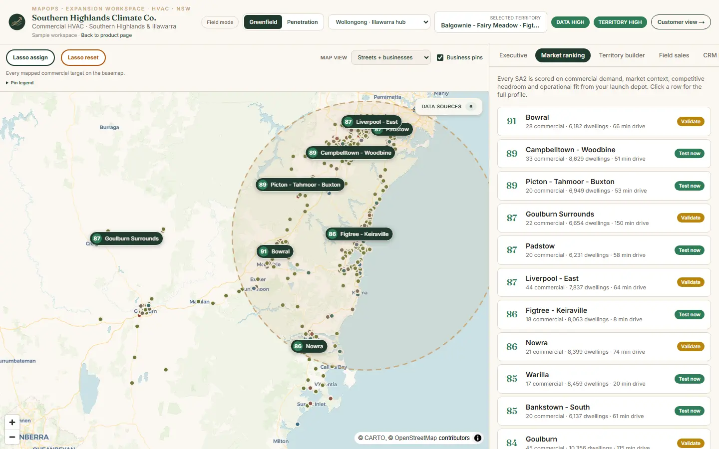 Expansion Workspace map with ranked market scores and suburb list