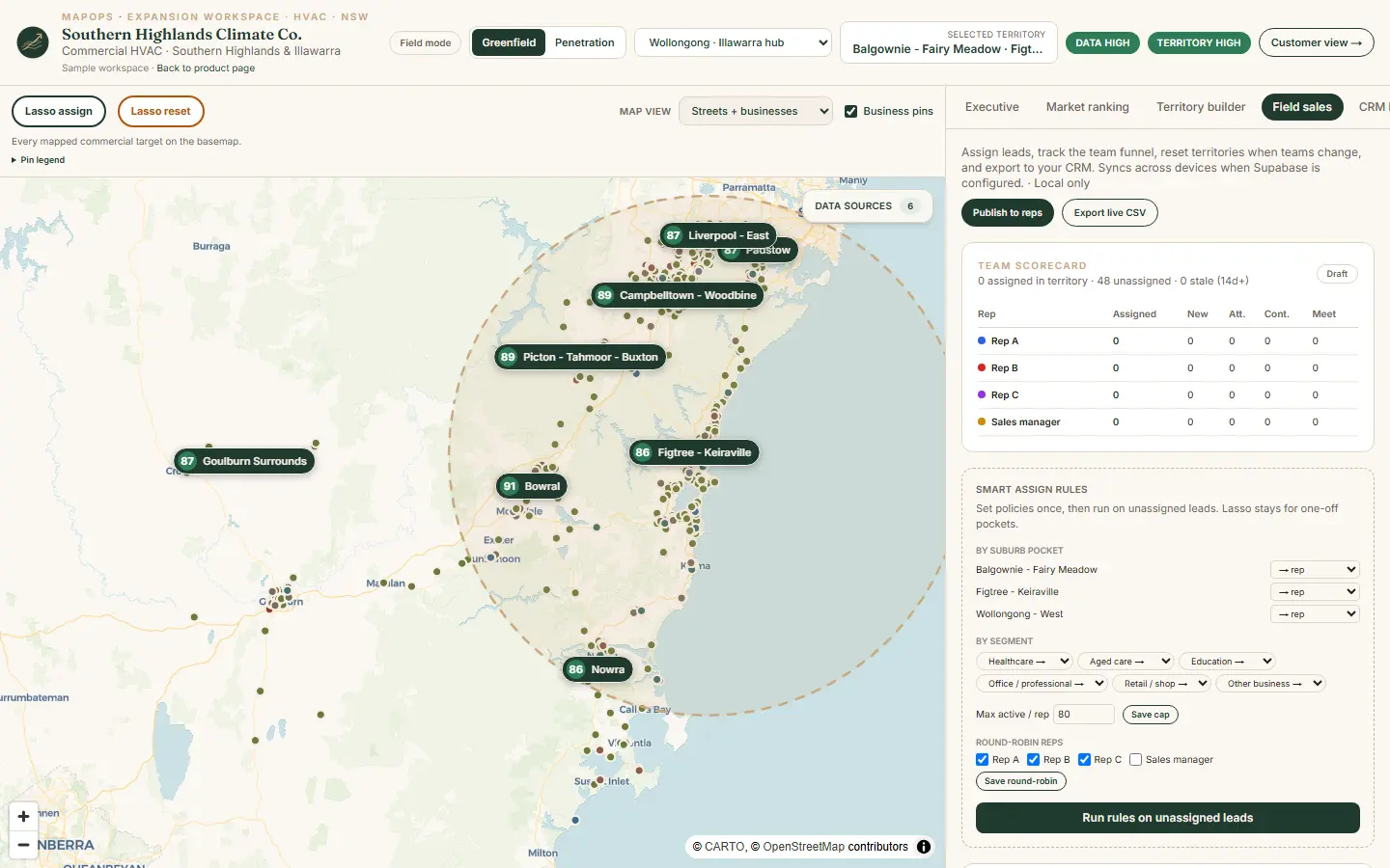 Team scorecard with per-rep counts beside a color-coded territory map